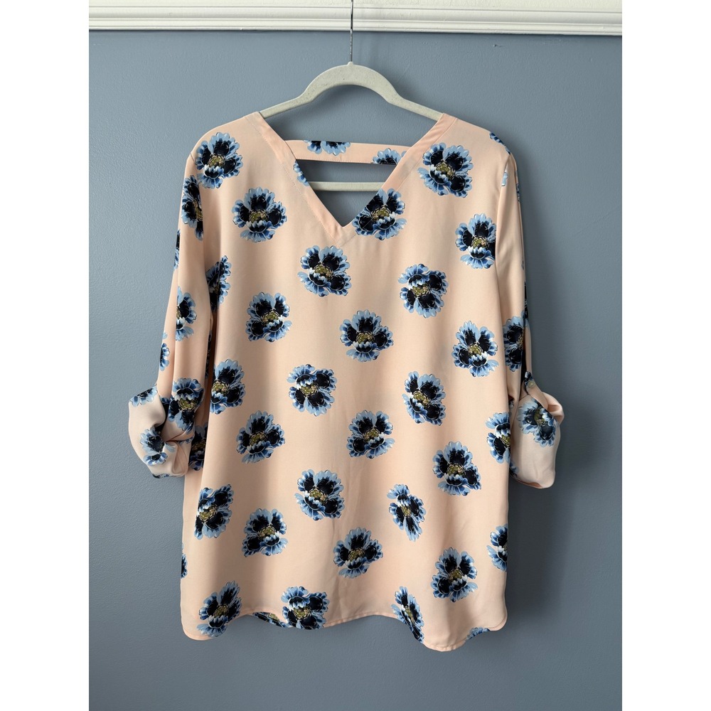 LOFT Blush Pink Blue Floral Long Roll-Tab Sleeve Double V-Neck Boho Size Large - Picture 8 of 10
